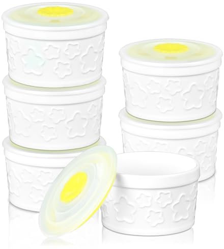 Ramekins with Lids 8 oz, Set of 6, White Porcelain Creme Brulee Souffle Ramekins with Covers, Stackable Ceramic Dishes Bowls for Baking, Pudding, Serving Dip, Ice Cream, Dishwasher and Oven Safe