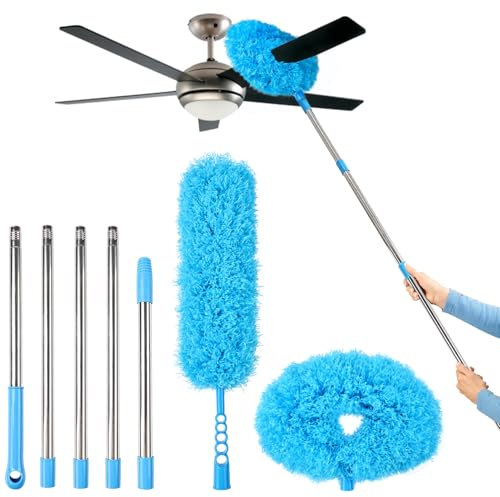 iHUFeather Ceiling Fan Cleaner Duster Reusable Microfiber Removable Duster with Extension Pole Adjusts 12 to 71 Inch for Cleaning Walls Bookshelves Furniture Door Window Top (Blue)