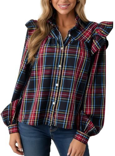 Karierte Hemden für Damen, Rüschen, Button-Down-Shirt, Puff, lange Ärmel, Blusen, Kragen, lässiges Oberteil