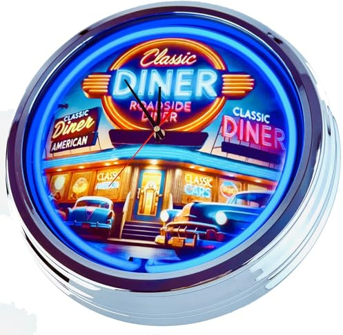 US-Way.de American Diner Nr. 11 WallClock Deko-Clock – 44 cm Durchmesser, Deko-Wanduhr ohne Tickgeräusche und gut lesbares Display, USA 50er-Jahre-Stil Neon-Uhr für Küche, Wohnzimmer, Büro (Blau)