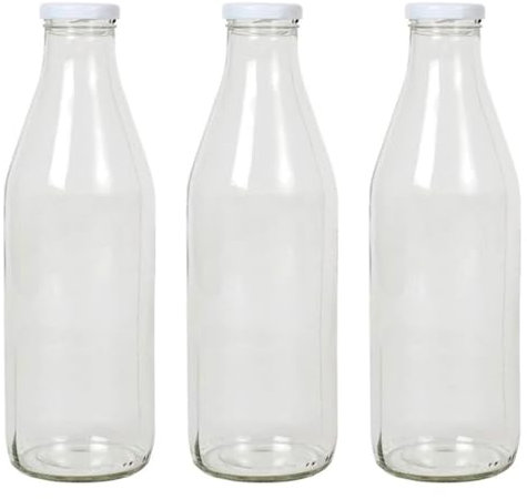 Acan Tradineur - Pack de 3 botellas de cristal para leche, bote para bebidas con tapa de rosca, batidos, zumos, licuados de verduras, salsas, frigorífico (Tapa blanca, 1 litro)