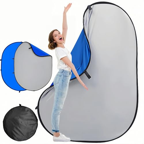 5 * 6.5 Ft Collapsible Backdrop Gray Blue Pop Up Screen with Carrying Bag, Double Sided Foldable Backdrop Portable Background for Photography Auditions Headshots Gaming Streaming Video Calls