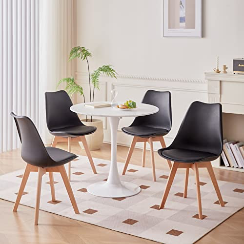 TTATC Mesa de Comedor con Juego de 4 Sillas, Mesa de Comedor Redonda Blanca, 4 Sillas de Comedor con Patas de Madera de Haya, para Cocina, Sala, Comedor, Negro
