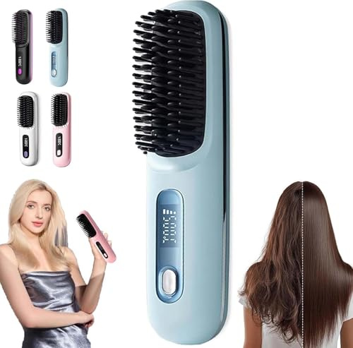 Glättbürste, Hair Straightener, Cordless Thermal Brush,Tragbarer Mini Glätteisen für Haarstyling mit LED-Bildschirm 3-Stufen Temperatur USB für die Reise und den Täglichen Gebrauch (Blau)