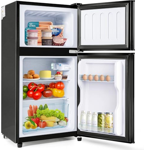 Oslghy Frigorífico Mini 60L, Frigorifico Pequeño con Congelador (22+38L), Frigorifico Combi con LED luz, 86.8x45.5x42.5 cm Frigorífico no Frost con Estantes Ajustables, 102 kWh/año, -27°C∽13°C (Black)