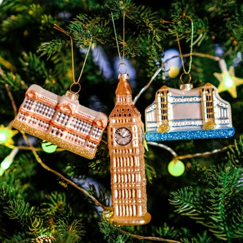 Amanman mundgeblasene Londoner Wahrzeichen Weihnachtsschmuck 3er-Set, Reise Ornamente Sammlung - Buckingham Palace, Big Ben & Tower Bridge mit Glitter Akzente