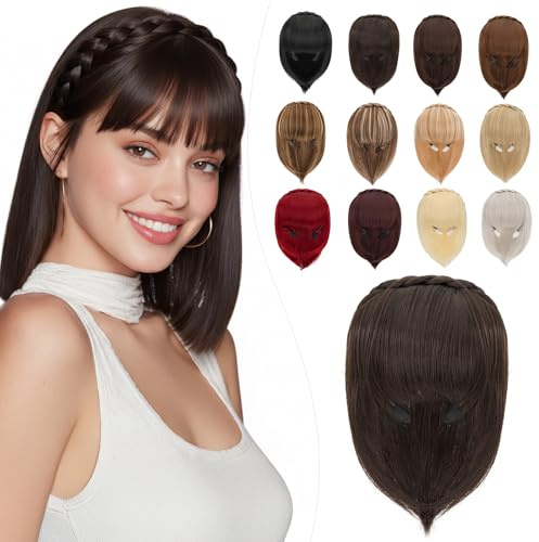 Elailite Volumateur Capillaire Frange a Clip Postiche Cheveux Serre-tête Tressé Pour Femme Extension Lisse 92g # Brun Foncé