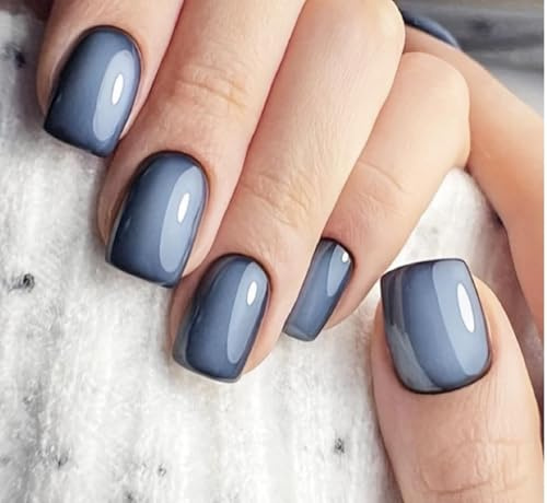 CurvLife Short Square French Tip Press On Nails, Slate Edge Black, Soft Gel | 32PCS in 16 Sizes, Salon-Quality Fake Nails, Curved Fit, Glue-On Nails with 7-14 Day Wear, Reusable Stick-On Nails