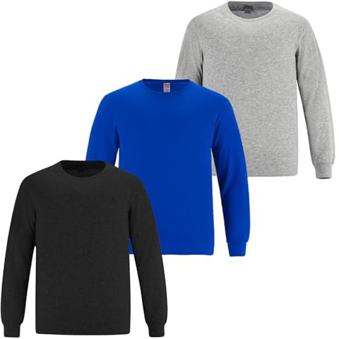3 Pack Boys Kids Long Sleeve T-Shirt Top Cuffed Crew Neck Plain Jersey Tee Top Adults Casual Wear (Royal-Charcoal-Grey, 11-12Y)
