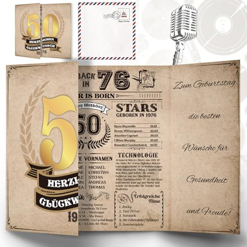 Thboxes Geburtstagskarte Zum 50. Geburtstag, Back In 1976 | Retro-Design, 350 G/M² Papier, Innen Beschreibbar, Mit Umschlag Und Aufkleber