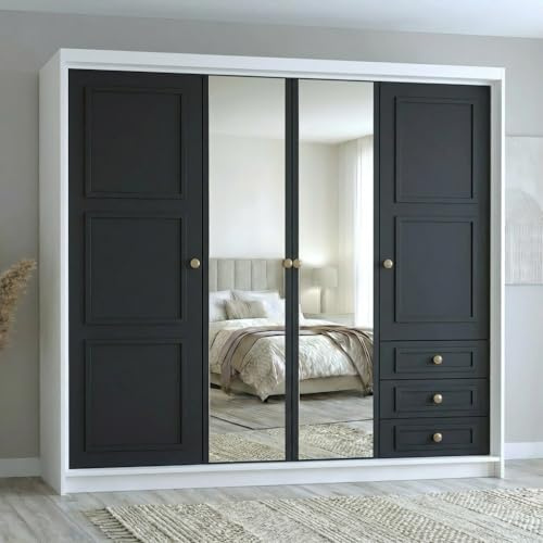 A&J MöbelLand Oslo Kleiderschrank 4-türig mit 3 Schubladen – 200 x 215 cm – Drehtürenschrank mit Kleiderstange und Einlegeböden, Modernes Design mit Metallgriffen