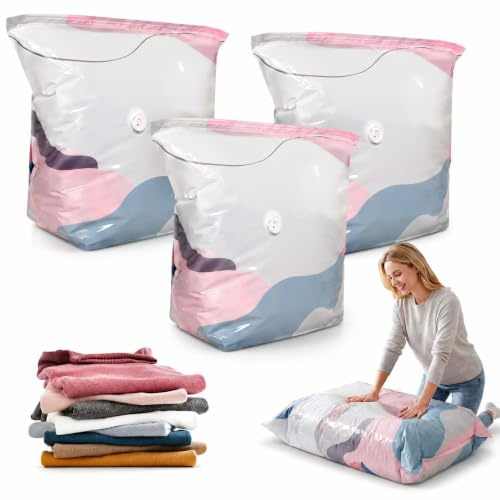 Vakuumbeutel ohne Pumpe, 3D Vakuum Aufbewahrungsbeutel für Kleidung & Bettwäsche, wiederverwendbare Kompressionsbeutel für Daunen, Decken, Kissen & Reisen (3pcs, 19.6 * 27.5in)