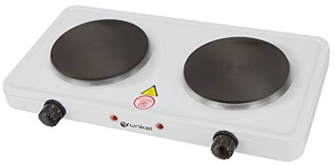 Grunkel - EHP-118 - Hornillo Eléctrico de 18,5cm de Placa. Cocina Eléctrica portátil ideal para Caravanas, Camping o Cocinas Pequeñas - 1500W - Metal forjado – Blanco (2 Fuegos 2500W)