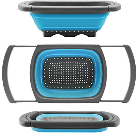 Qimh Colander Collapsible, Colander Strainer Over the Sink Food Colanders Strainers with Extendable Handles, 6-Quart, Dishwasher-Safe Kitchen Folding Strainer for Pasta, Veggies and Fruits