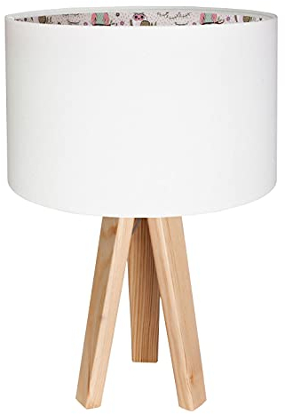 Licht-Erlebnisse Süße Tischlampe SOWA bunte Eulen Weiß Stoff Holz 46cm hoch E27 Dreibein Tischleuchte Nachttischlampe