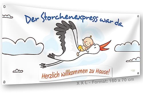 Banner zur Geburt mit Storch I personalisierbar I wetterfest für draußen I SET inkl. Kabelbinder & Stift I 160 x 70 cm | Klapperstorch I Willkommen zuhause Baby Geburtsgeschenk Geburtsstorch Deko