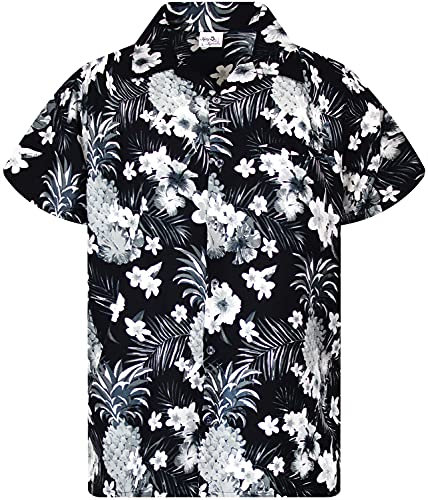 King Kameha Chemise hawaïenne funky pour enfants garçons, manches courtes, imprimé fleurs d'ananas, rose clair, Monogris, 10 ans
