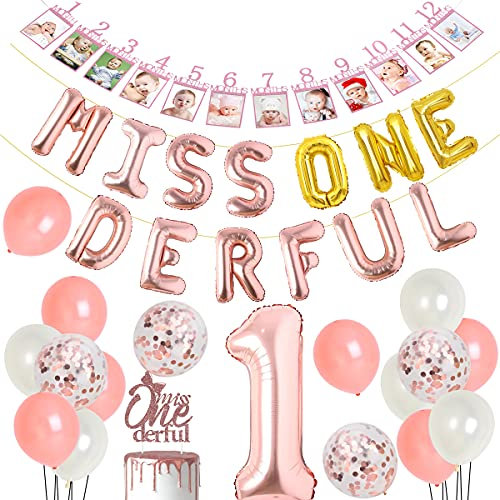 1. Geburtstag Dekorationen für Mädchen Miss Onederful Luftballons Banner Rose Gold Monatliches Foto Banner Cake Topper Little Miss Wonderful First Birthday Party Supplies