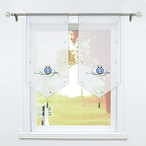 SCHOAL Scheibengardine mit Eulenmotiven Bistrogardine Voile Gardinen Küche Rollos Transparent Panneaux BxH 40x90cm 1 Stück Grün
