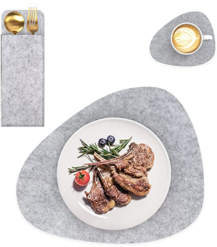 Intirilife 6X Filzunterleger-Set in Grau - Tischdeckchen 43 x 33 cm - Gläseruntersetzer 13 x 11 cm - Bestecktasche 25 x 9 cm - Platz Set Decke Untersetzer für Restaurant und Zuhause