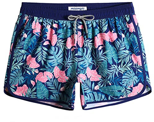 MaaMgic Costume da Bagno Corti Uomo Stile Retro Vintage 4-Way Stretch con Fodera in Mesh Transpirante e Asciugatura Rapida per Vacanze al Mare, Ginkgo Rosa Blu, L