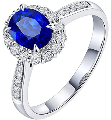 AMDXD Damen-Ring in 750 Weißgold 18K mit Saphir 0.55ct und Diamant Halo Verlobung Ringe Silber, Personalisierte Geschenke, Gr.56 (17.8)