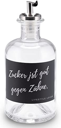 Lifestyle Lover Zuckerstreuer aus Glas 350ml Flasche, Dosierer aus Edelstahl, ideal für weißen braunen Zucker (Zucker ist gut gegen Zähne)