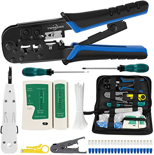 RJ45 Crimp Tool Kit for Cat5 Cat5e Cat6, Ethernet Crimper Toolkit with a RJ45 Crimping Tool, RJ45 Cat5 Connectors, RJ45 Connector Covers, Network Cable Tester, Pack of 10