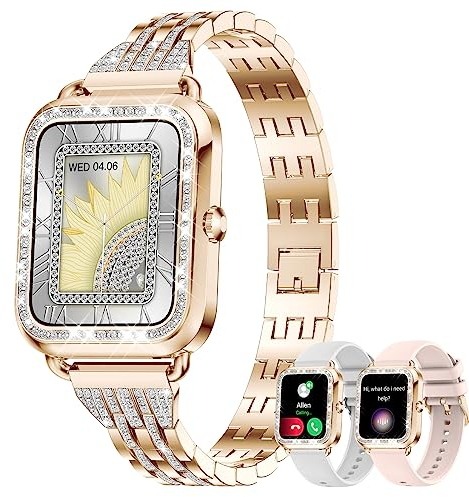 fitonyo Smartwatch Damen mit Telefonfunktion Diamant,1.29 Touch-Farbdisplay,Pulsuhr, SpO2,Schlafmonitor,Menstruationszyklus,19 Sportmodi,Musik,Smartwatches für Damen (Diamant-Roségold)