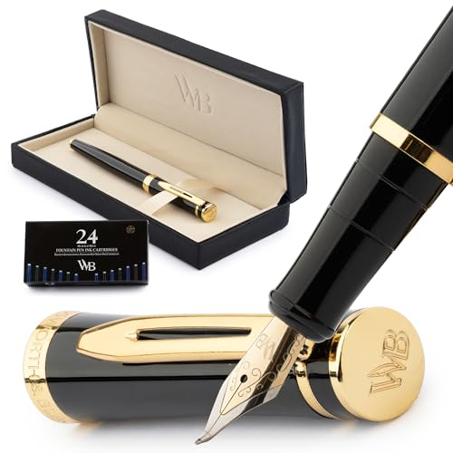 Wordsworth & Black Füllfederhalter-Set, gebogene 18-Karat-Goldfeder, inklusive 24 Tintenpatronen, Kolbenkonverter und Geschenkbox, goldfarben, Kalligraphie, Gold-Schwarz