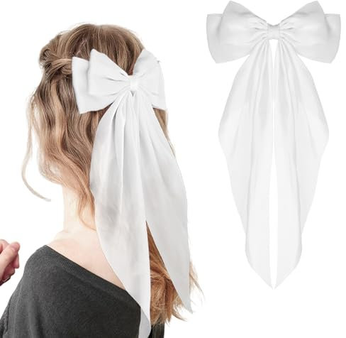 WLLHYF Grand Arc Barrettes Longue Queue Français Ruban Épingles À Cheveux Doux Soyeux Satin Pince À Cheveux En Métal Bowknot Clips Accessoires pour Fête Femmes Fille (Blanc)