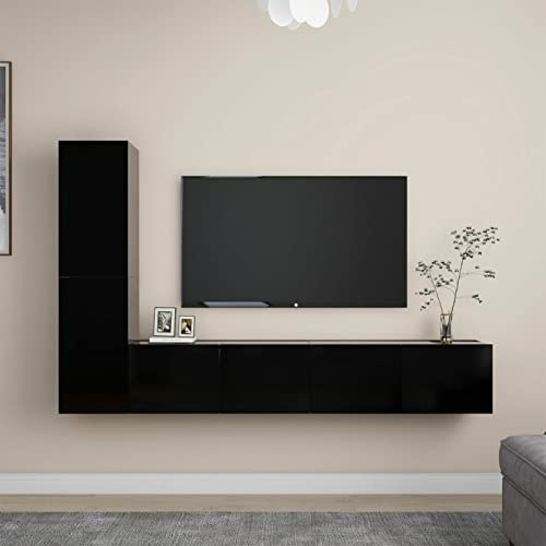 ZEYUAN 4-TLG. TV-Schrank-Set, Wohnwand Wohnzimmer, Anbauwand Wohnzimmer, Wohnzimmer Wand, Jugendzimmer Möbel, Schrankwand Wohnzimmer, Schwarz Holzwerkstoff
