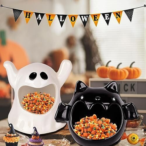 2 Cuencos de Caramelo de Halloween, Plato de Dulces, Portavelas de Murciélago y Fantasma, Decoración de Cerámica para Fiesta