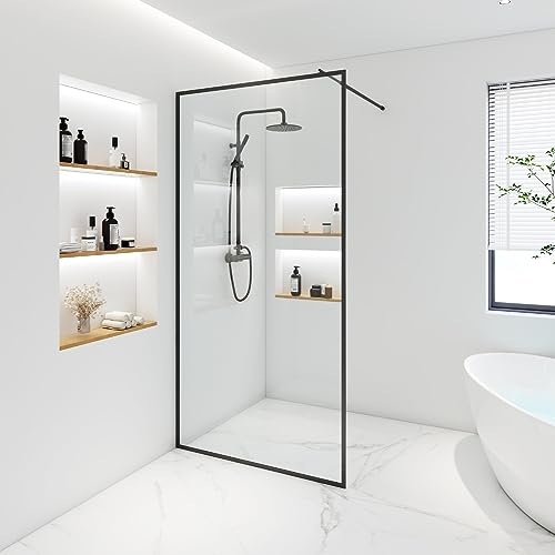 HOME DELUXE - Duschabtrennung - BAKI - Breite: 140 cm, Schwarzer Rahmen, Klarglas, 1 Raster Optik - 10 mm ESG - Sicherheitsglas I Walk in Dusche, Duschwand, Duschtür