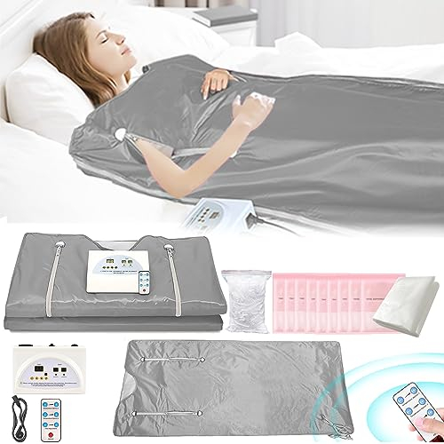 Manta Sauna Infrarrojos, Manta Sauna Infrarrojos 2 Zonas Con Cremallera 100 Gorros Ducha 10 Bolsas Baño Terapia Desintoxicación Sauna Manta Sauna Oxford Portátil Manta Calefactable con Control Remoto