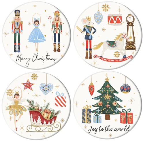 Whaline Christmas Coasters Set of 4 Nutcracker Drink Coasters Xmas Winter Holiday Ceramic Cup Mat for Home Kitchen Table Decor, 4.1 x 0.3 Inch