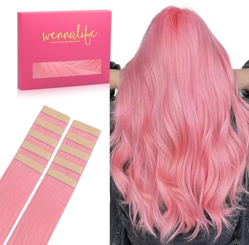 WENNALIFE Tape Extensions Echthaar, 45cm 25g 10 Stück Invisible Tape in Extensions Echthaar, Echthaar Extensions Tape, Haarverlängerung Echthaar, Remy Gerade Haarextension Echthaar #Pfirsich Rosa