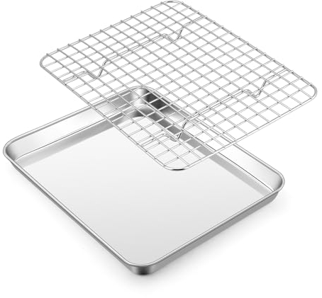 Homikit Juego de bandeja para horno con rejilla de enfriamiento, de acero inoxidable, forma rectangular pequeña y rejilla de enfriamiento para hornear, servir, 26,5 x 20,5 x 2,5 cm, saludable y apta