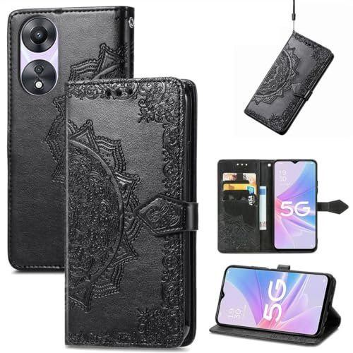 ShuiSu Étui à rabat pour smartphone OPPO A78 5G, cuir PU gaufré, en silicone souple, fermeture magnétique, béquille, poches pour cartes et dragonne, noir