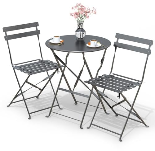 VOUNOT Bistroset 3-teilig, Klappbar Bistrotisch mit 2 Stühlen, Gartenmöbel Set Balkonset Gartengarnitur, Sitzgruppe Metall, Bistro Set Outdoor, Grau