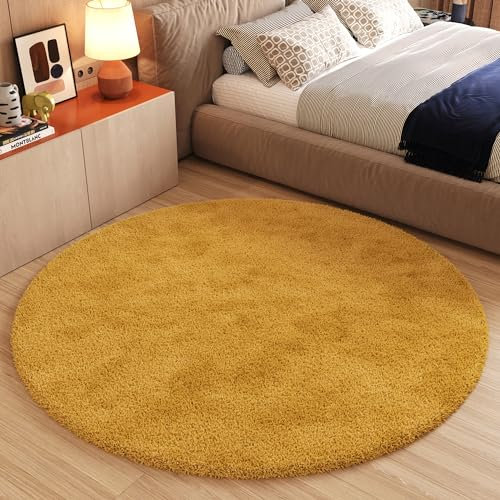 TAPISO Essence Teppich Rund Gelb Senffarbe Hochflor Langflor Shaggy Einfarbig Weich Flauschig Schlafzimmer Wohnzimmer Kinderzimmer ÖKO-TEX 160 x 160 cm