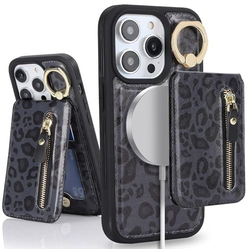 SailorTech iPhone 13 Pro Phone Leather Case with Credit Card Holder Magsafe, iPhone 13 Pro Case Ring Stand with Kickstand Card Slots Wallet Detachable 2-in-1 Zipper Case - Black Leopard