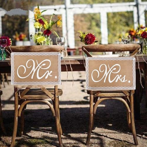 Colexy 2 Stück Mr Mrs Stuhl Banner Set, Mr und Mrs Stuhlschilder, Hochzeit Spitze Jute Sackleinen Hochzeit Stuhl Deko für Rustikale Hochzeit Party Dekoration Hochzeit Fotorequisiten Hintergrund