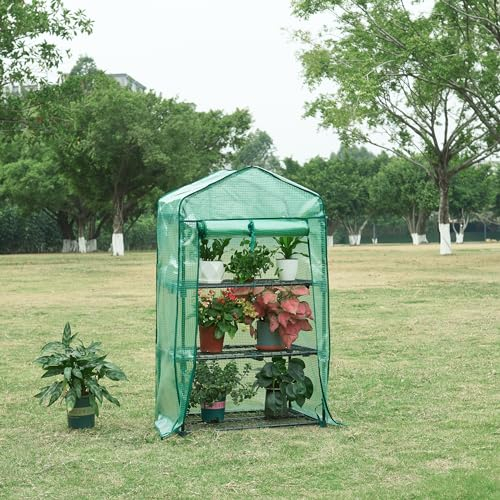 [en.casa] Serra da Giardino Balcone per Coltivazione Piante Scaffale a 3 Piani a Rete Copertura Semitrasparente Apertura a Cerniera Lampo Entrata Avvolgibile 125 x 69 x 49 cm Verde
