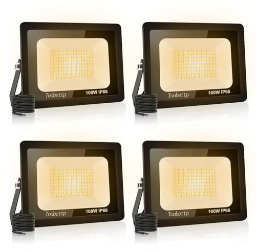 4PCS 100W LED Strahler Außen, Superhell 10000LM 3000K Fluter für Garage | Warmweiß Flutlicht mit 144 LED-Chips, 120°Winkel, IP66 180°Halterung,50000h Lebensdauer,Außenstrahler Für Garten Parkp