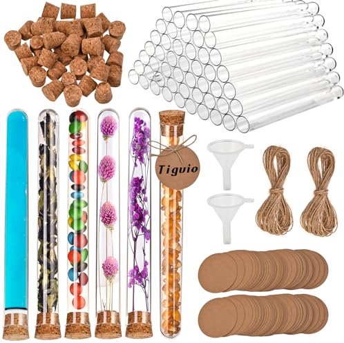 Tigvio 65 PCS Reagenzgläser Set, Reagenzglas mit Korken, 150x16mm (20mL) Reagenzgläser für Blumen, Reagenzglas mit 65 Kraftpapieranhänger+30m Hanfseil+2 Trichter, Reagenzgläser Kunststoff für Geschenk