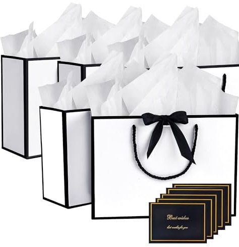Vibury 5-White-BlackEdge 5 Stück Papier Geschenktüten mit 5 Taschentuch und 5 Karten, Geschenktüten mit Griffen für Geburtstag, Hochzeit, Festivalfeier, Weihnachten