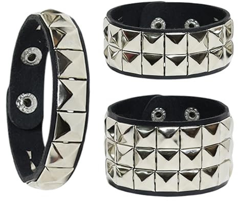 Clydewy 3pcs Black Leather Punk Studded Bracelet for Men Women 80s Goth Spike Cuff Bangle Gothic Wristbands Silver Rock Bracelets for Halloween Party Stage Performance Cosplay Accessories