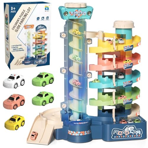 Aolawco Toy Car Garage Track Set With Music and Light Effects, 5-Level Parking Garage With Electric Lift, 5 Mini Cars - Gift for Kids 4-11