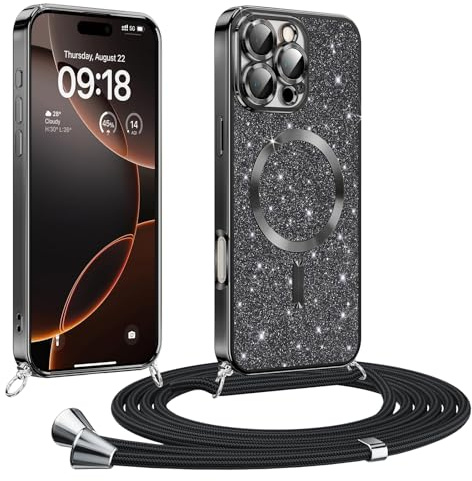 Phoona handyband Hülle für iPhone 16 Pro mit Band, Glitzer Handyhülle Kompatibel mit MagSafe, Ganzkörperschutz Kratzfeste Stossfest Schutzhülle mit Einstellbar Kette, Schwarz